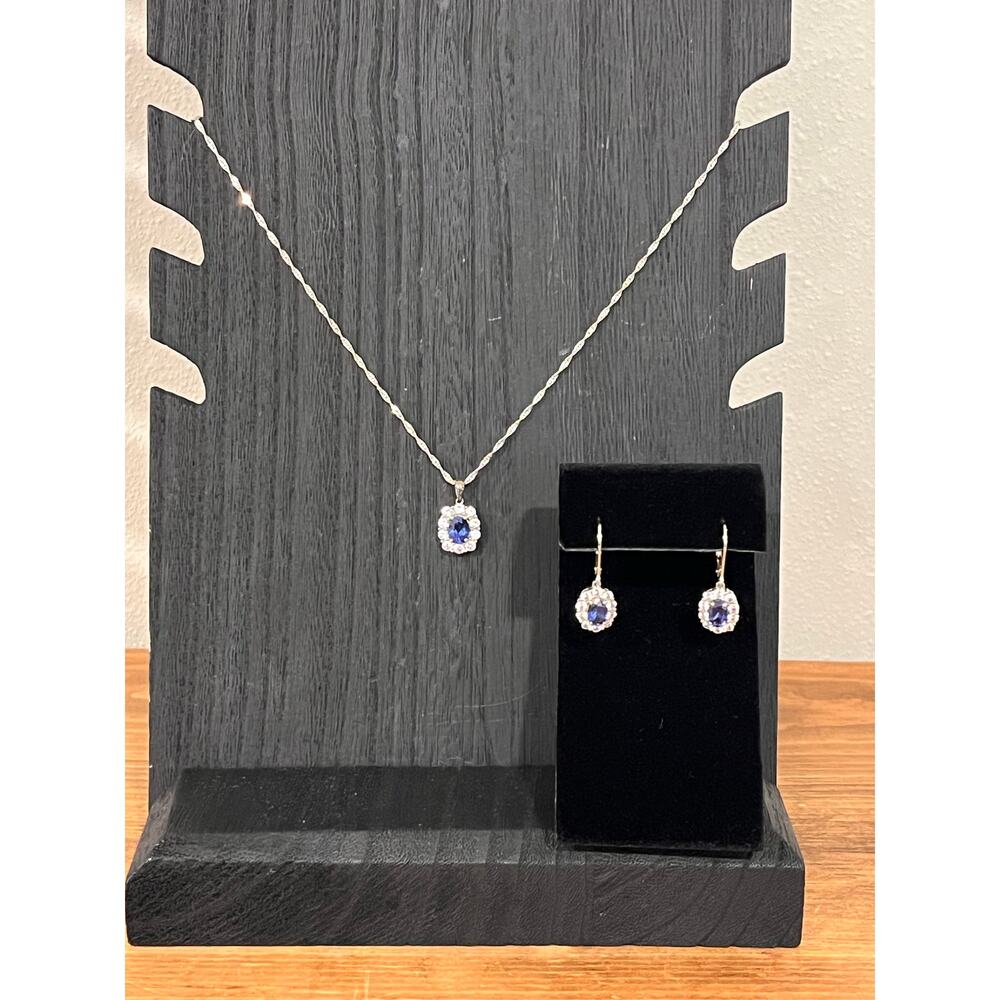 925 Sterling Silver‎ Blue Stone Halo Necklace & Dangle Earrings Set 16.5”
